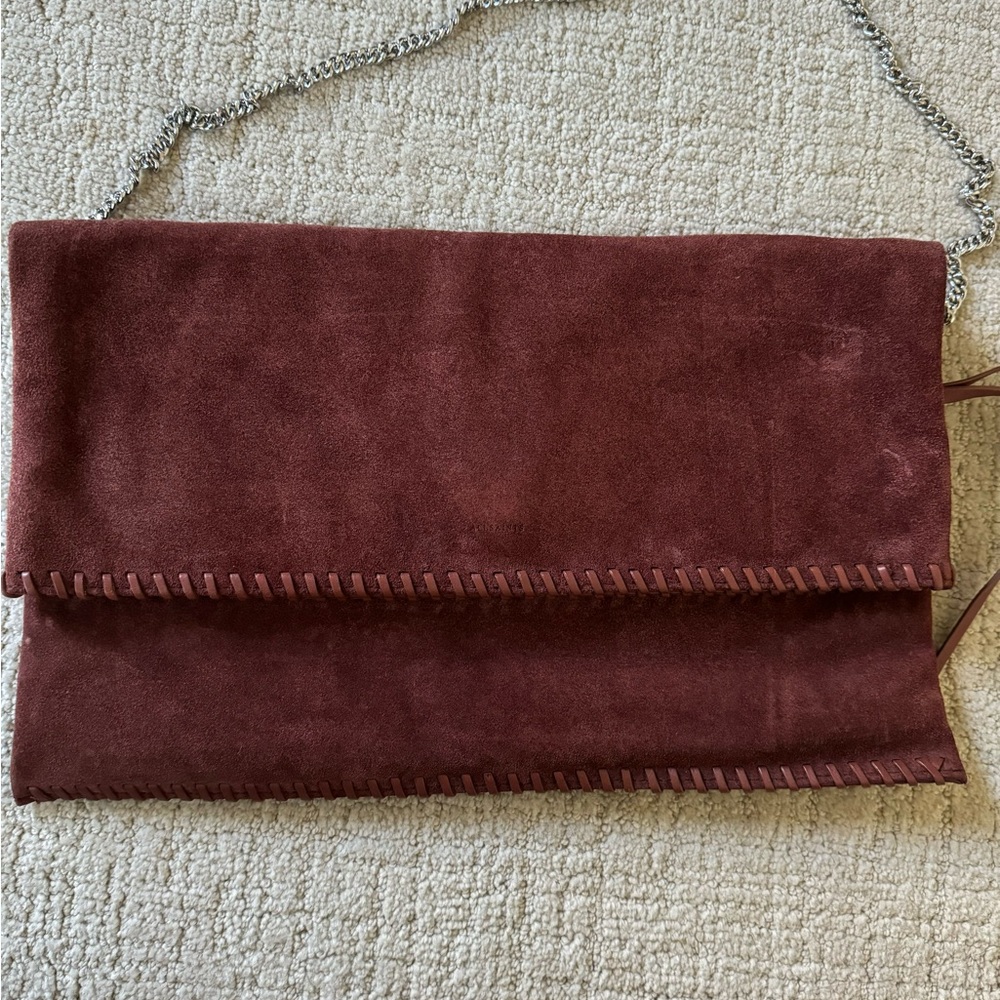 All Saints Suede Foldover Clutch with stitching - Burgundy/Maroon
